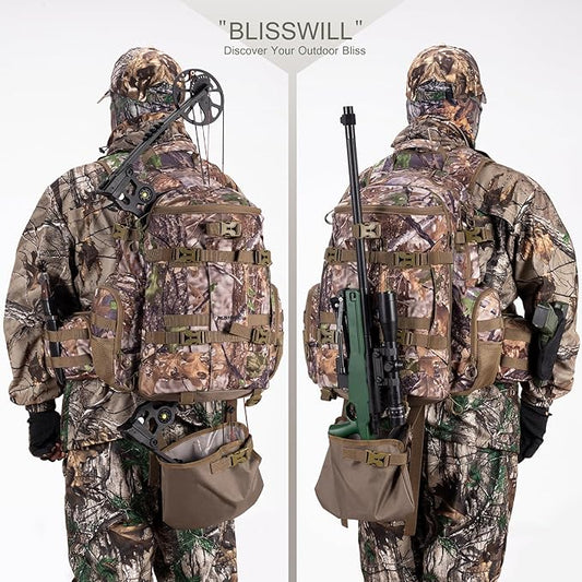 BLISSWILL Large Hunting Backpack with padded weapon compartment for Bow Rifle with Waterproof Rain Cover Hunting Gear Accessories 40L(Supercamo Timber)
