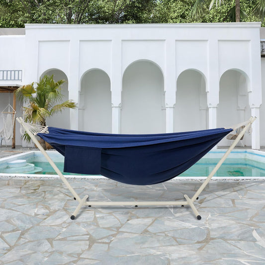 LazyDaze Hammocks Double Hammock with Stand - 2 Person Heavy Duty Outdoor Hammock for Adults, Includes Durable Steel Stand, Portable Carrying Bag and Pillow, Navy Blue