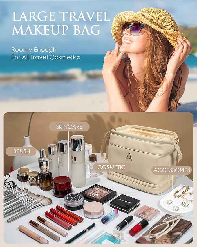 Birthday Gifts for Girls, Initial Large Makeup Bag, Personalized Double Layer Cosmetic Bag with Makeup Brush Organizer, Large Capacity PU Leather Travel Toiletry Bag Travel Stuff for Girls