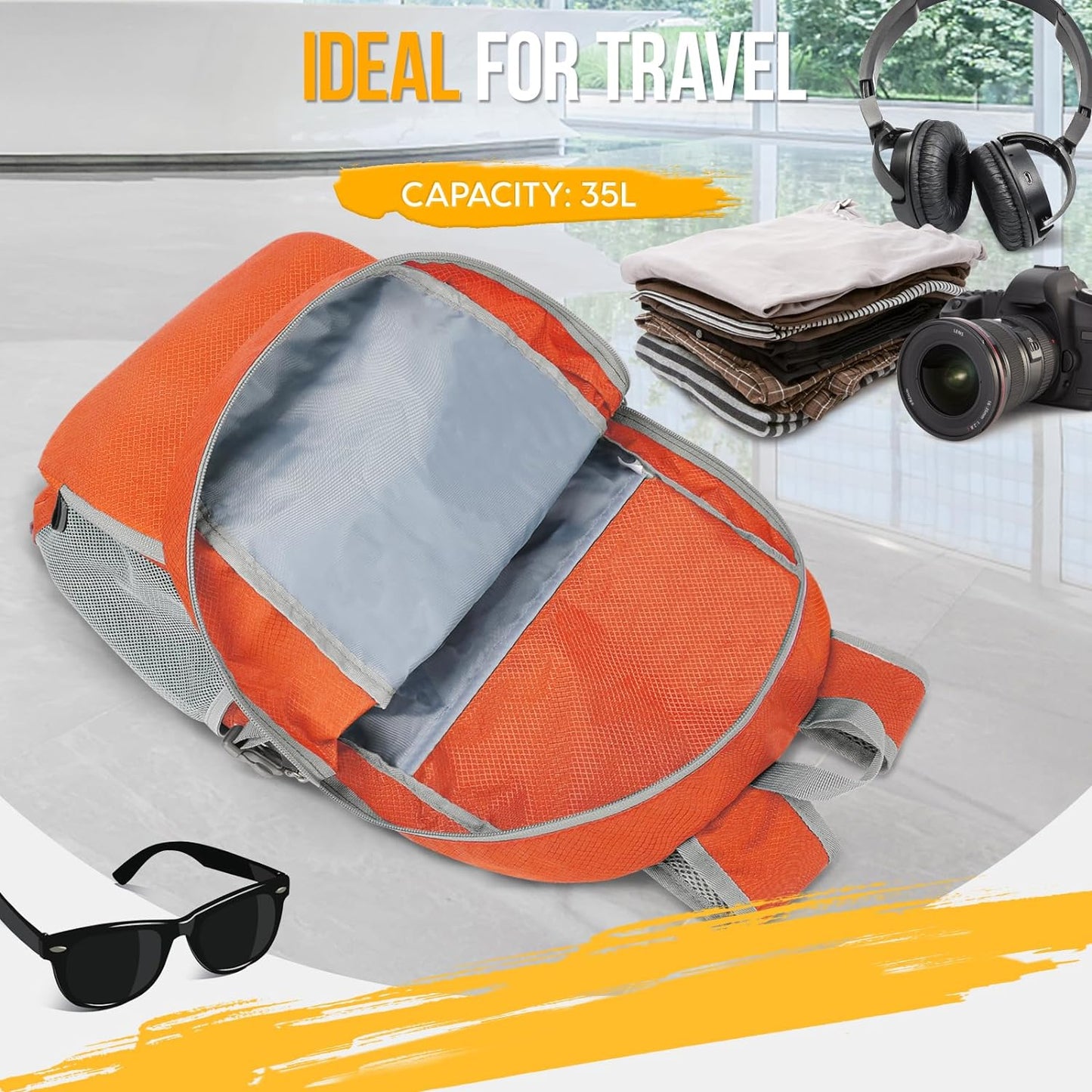 ZOMAKE Lightweight Packable Backpack 35L, Light Foldable Backpacks Water Resistant Collapsible Hiking Bag, Compact Folding Day Pack for Travel Camping(Orange) - Roamly