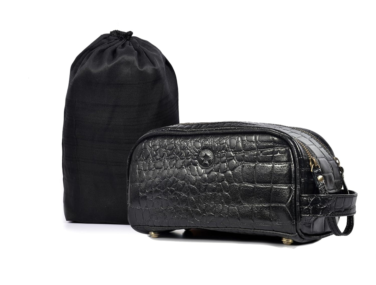 10" Premium Leather Toiletry Travel Pouch With Waterproof Lining | King-Size Handcrafted Vintage Dopp kit By Aaron Leather Goods (Grease Black) - Roamly