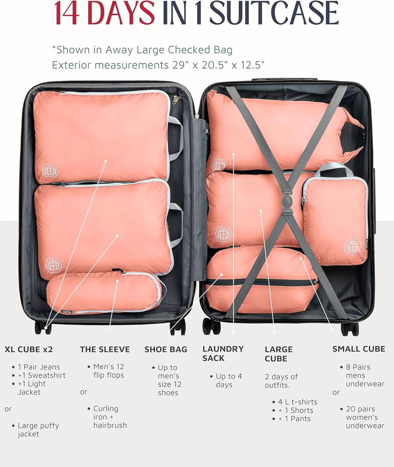 Large Compression Packing Cubes for Travel-Packing Cube Luggage Organizers 7 Piece Set for Checked Luggage-Ultralight, Expandable/Compression Bags by TRIPPED Travel Gear (Dusty Rose) - Roamly