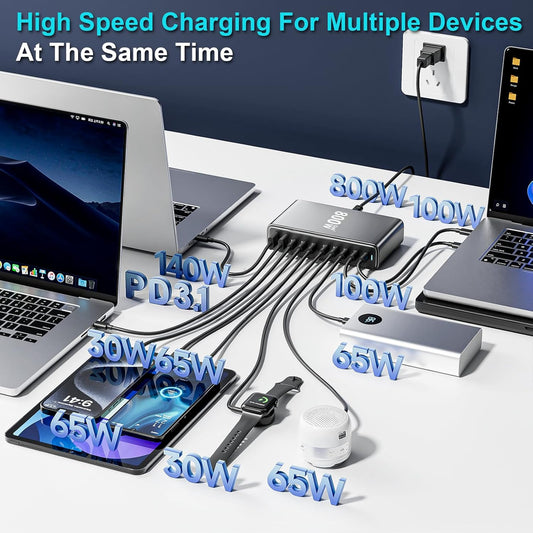 800W USB C Fast Charger Block, 10 Port USB Charging Station, GaN Ⅲ Pro Double 140W PD PPS Port Fast Charging Station,Laptop Wall Charger Compatible with HP,DELL,MacBook Pro,iPhone 17,Galaxy S24