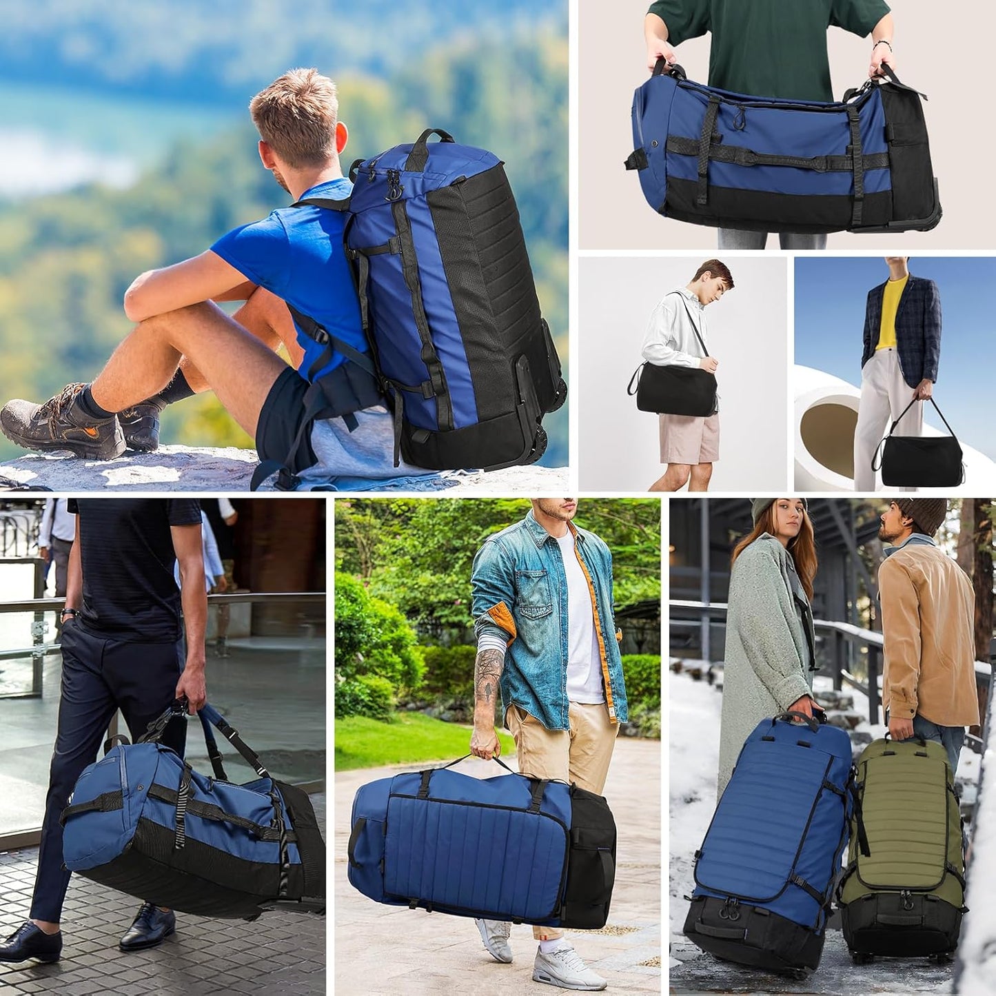 Vomgomfom 86L Collapsible Wheeled Luggage with Removable Backpack Straps,Waterproof Rolling Duffle Bag with Quilted Base,No Telescope Handle,Navy - Roamly