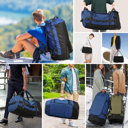 Vomgomfom 86L Collapsible Wheeled Luggage with Removable Backpack Straps,Waterproof Rolling Duffle Bag with Quilted Base,No Telescope Handle,Navy - Roamly