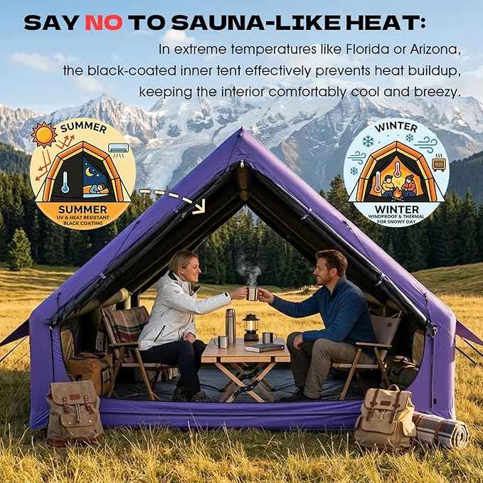 Inflatable Camping Tents 8-10 Person,129 Square Feets Large Inflatable Camping Tent with Stove Jack,Blow up Tent with Mesh Windows & Pump
