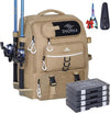 Fishing Backpack with Tackle Boxes and Rod Holders 40L; Plus Rain Cover, Padded Back Support, Insulated Front Pocket for Hot/Cold Lunch, Water Bottle Holder (Force Khaki)