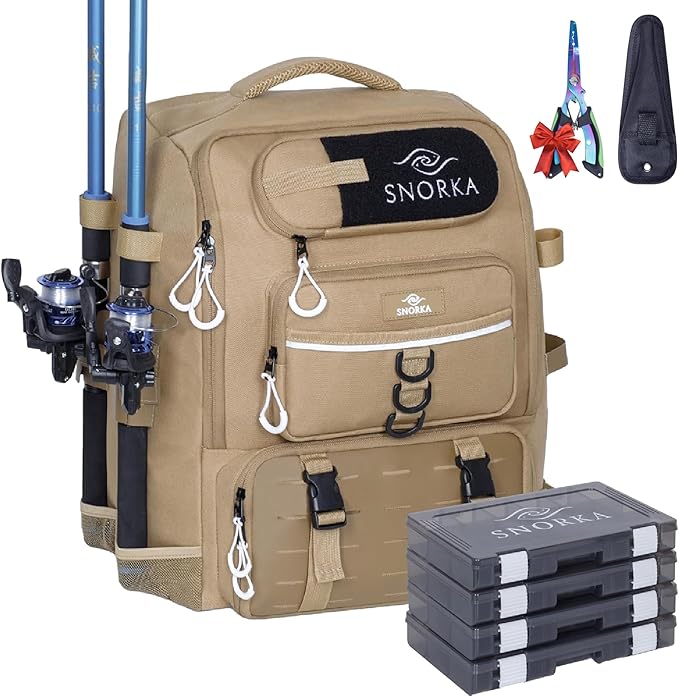 Fishing Backpack with Tackle Boxes and Rod Holders 40L; Plus Rain Cover, Padded Back Support, Insulated Front Pocket for Hot/Cold Lunch, Water Bottle Holder (Force Khaki)
