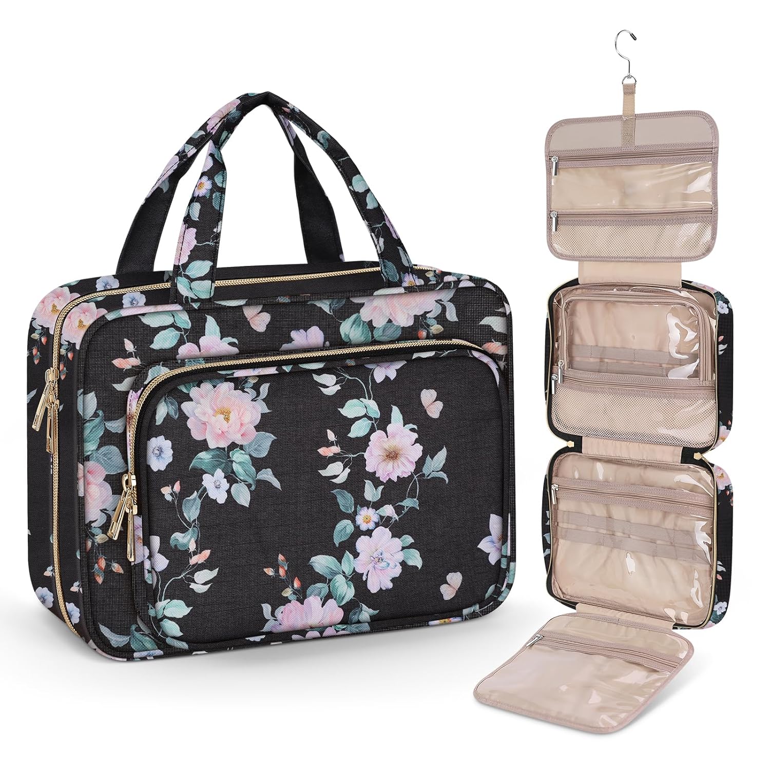 Wedama Toiletry Bag for Women, Large Cosmetic Travel Bag, Hanging Toiletry Bag for Bathroom, PVC Waterproof Makeup Bag, Toiletries Bag for Travel Business Trips and Camping, Black+Pink Floral - Roamly