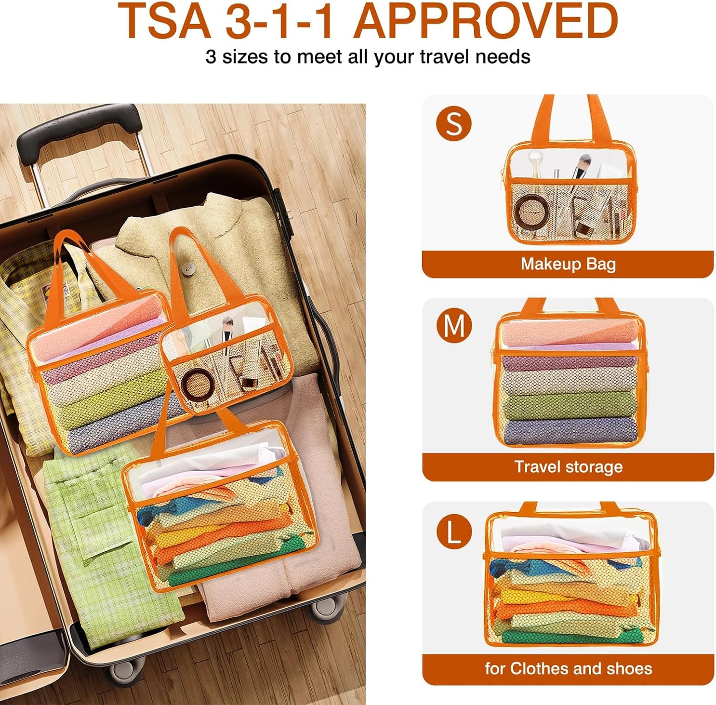 XEWEA Clear Travel Toiletry Bags, 3 Pack TSA Approved Transparent Makeup Bag for Men Women, Large Waterproof PVC Quart Organizer with Zipper for Toiletries Airline Essentials,Toy Storage Pouch Orange - Roamly