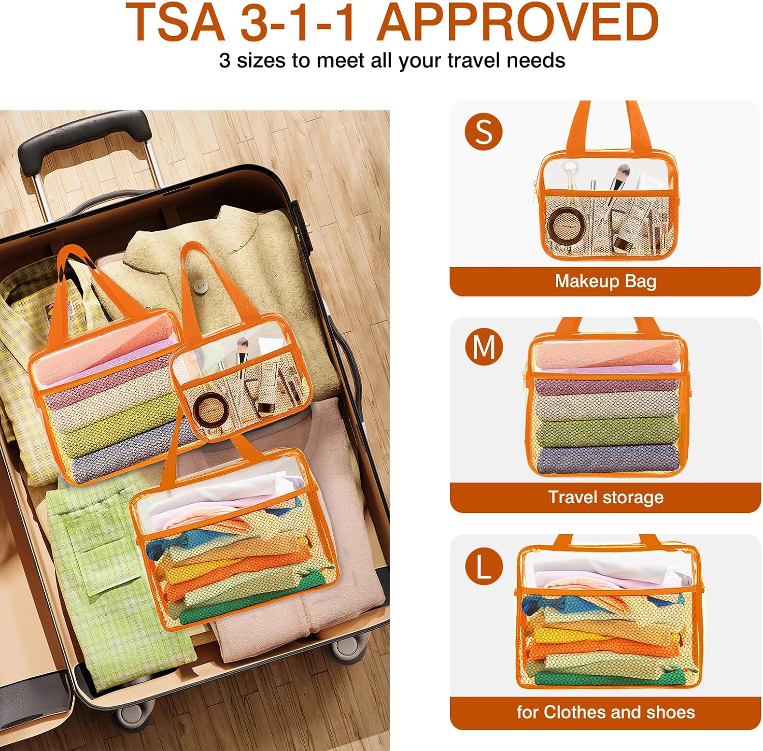 XEWEA Clear Travel Toiletry Bags, 3 Pack TSA Approved Transparent Makeup Bag for Men Women, Large Waterproof PVC Quart Organizer with Zipper for Toiletries Airline Essentials,Toy Storage Pouch Orange - Roamly