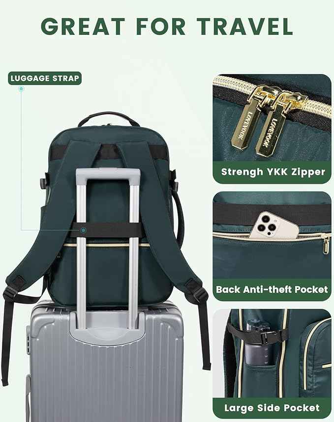 LOVEVOOK Travel Backpack for Women & Men 50L,Airline Approved Carry On Backpack Travel Essentials,TSA Carry on Luggage,Waterproof Personal Item Travel Bag,Suitcase with 3 Packing Cube,Dark green-Black
