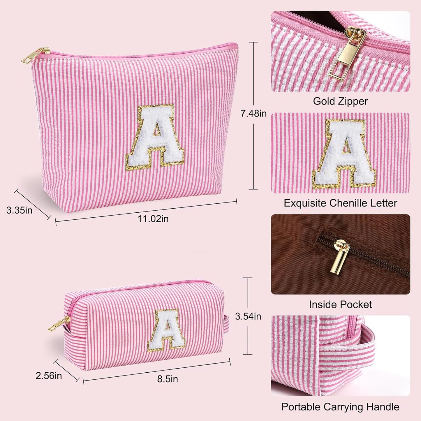 YOOLIFE Travel Makeup Bag Cosmetic Bag - Make Up Bag with Makeup Brush Bag Monogram Makeup Pouch Bag 2 Pieces Cute Makeup Bag Personalized Gifts Best Friend Birthday Gifts for Women Pink Letter Y - Roamly