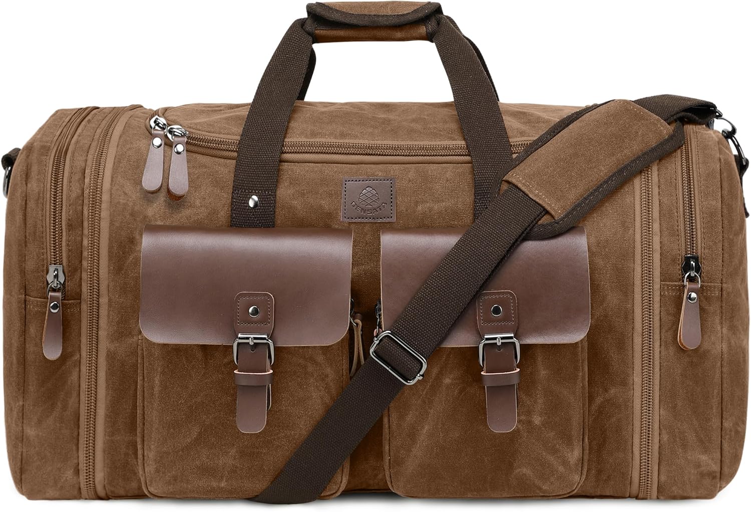 Waxed Canvas Duffle Bag for Men 50L Travel Duffel Bags Expandable Genuine Leather Duffel Overnight Weekender Carry On Bag Two Zipper Pockets Travel Bag (Vintage Dark Brown, Large-50L) - Roamly