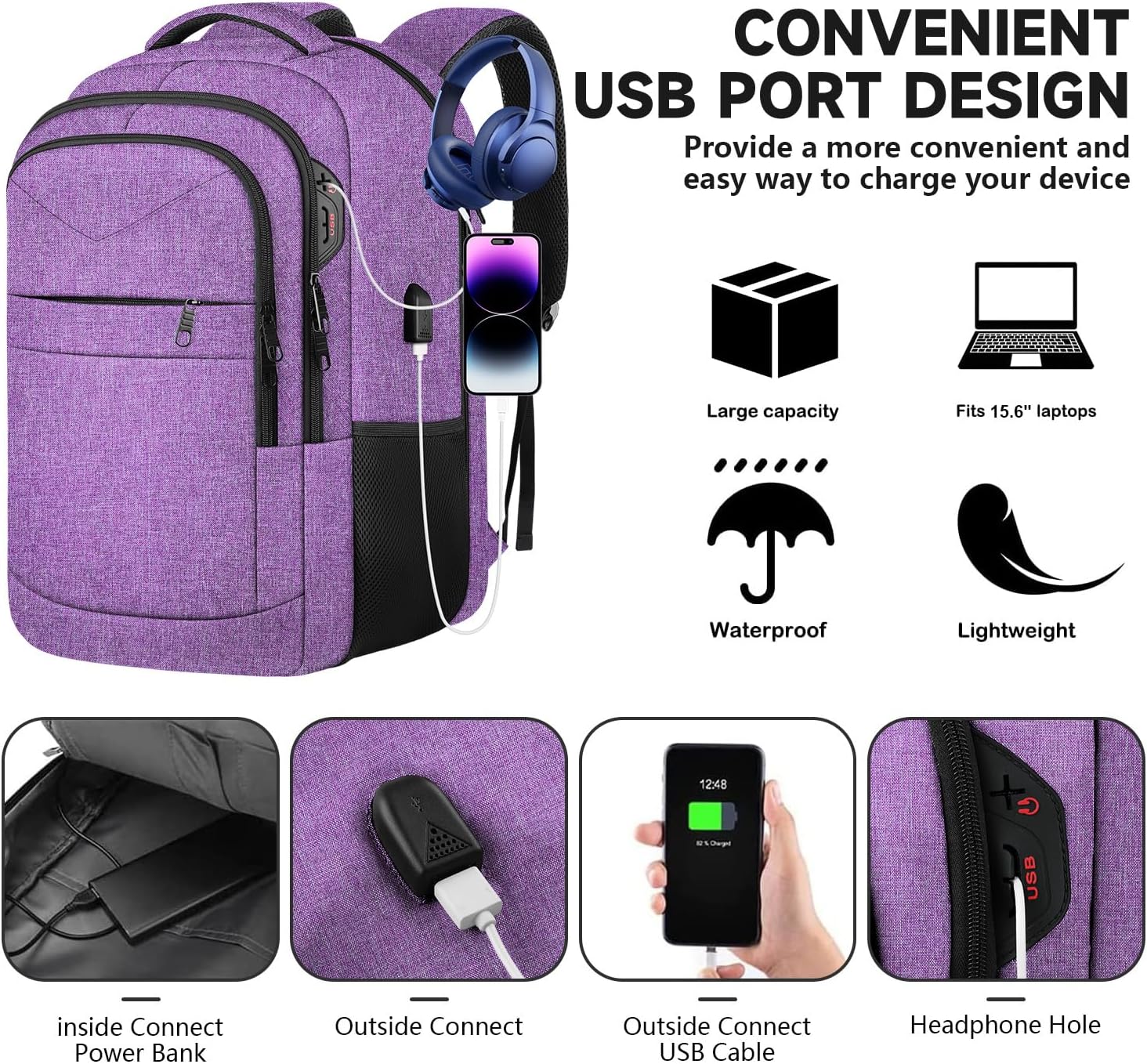 Lapsouno Travel Backpack, Travel Laptop Backpack, Multiple Pockets 15.6 Inch Carry on Backpack with USB Port, TSA Friendly Water Resistant College School Business Bag for Women, Purple - Roamly