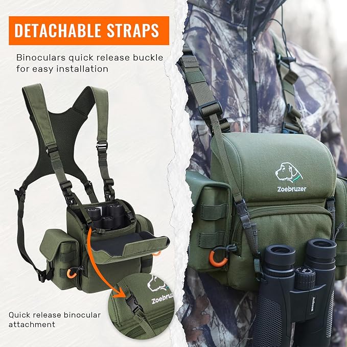 Binocular Harness Chest Pack, Bino Harness Bag with Rangefinder Pouch & Rain Cover, Molle System Multifunction Hunting Pack