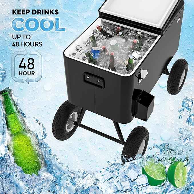 VINGLI 80 Quart Wagon Rolling Cooler Ice Chest, w/Long Handle and 10" Wheels, Portable Beach Patio Party Bar Cold Drink Beverage, Outdoor Park Cart on Wheels