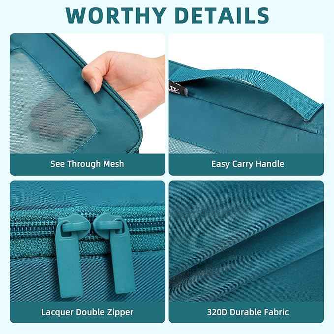 BAGAIL 4 Set/6 Set/8 Set Compression Packing Cubes Travel Accessories Expandable Packing Organizers (Square Mesh, 06-Teal)