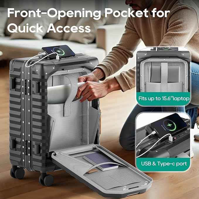 Joyway 20 Inch Carry on Luggage with Aluminium Frame and Front Pocket, PC Hardshell Suitcase with USB Port and Cup Holder, 21.5x14.2x9 Airline Approved, Luggage with Spinner Wheels and TSA Lock (Grey)