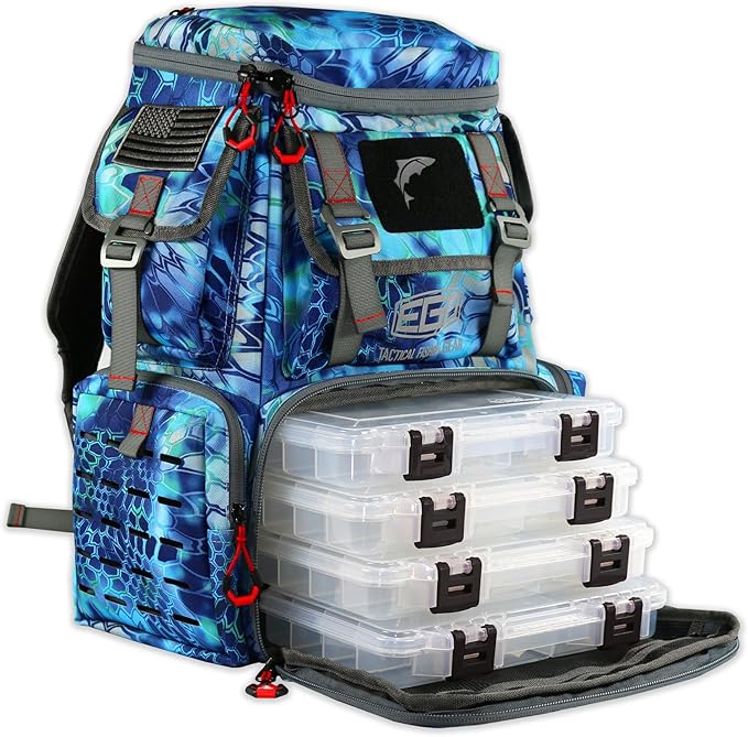 Ego Kryptek Tactical Tackle Box Backpack, Durable Fishing Tool Bag, 1000D Nylon Fabric with PVC Back, Water-Resistant, Multiple Storage Pockets, Laser-Cut Molle Loops, Includes 4 Tackle Trays