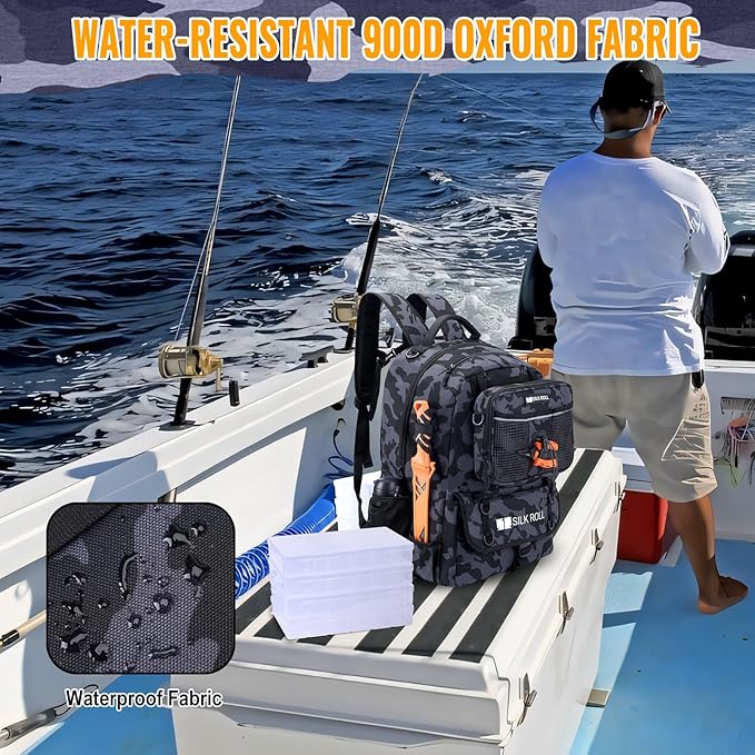 50L Fishing Tackle Backpack with Rod Holder and 4 Included 3600 Tackle Boxes - Waterproof Fishing Backpack for Ultimate Gear Organization and Storage (Black Camo)