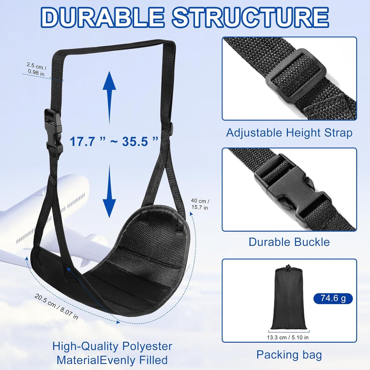 Airplane Footrest Hammock, Foot Hammock for Plane Travel, Portable Height Adjustable Travel Footrest Hammock Accessories, Lightweight Foot Hammock Suitable for Offices, Airplanes 2 pcs