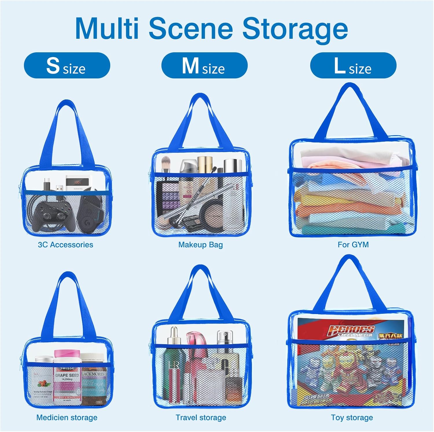 XEWEA Clear Travel Toiletry Bags, 3 Pack TSA Approved Transparent Makeup Bag for Men Women, Large Waterproof PVC Quart Organizer with Zipper for Toiletries Airline Essentials,Toy Storage Pouch Blue - Roamly