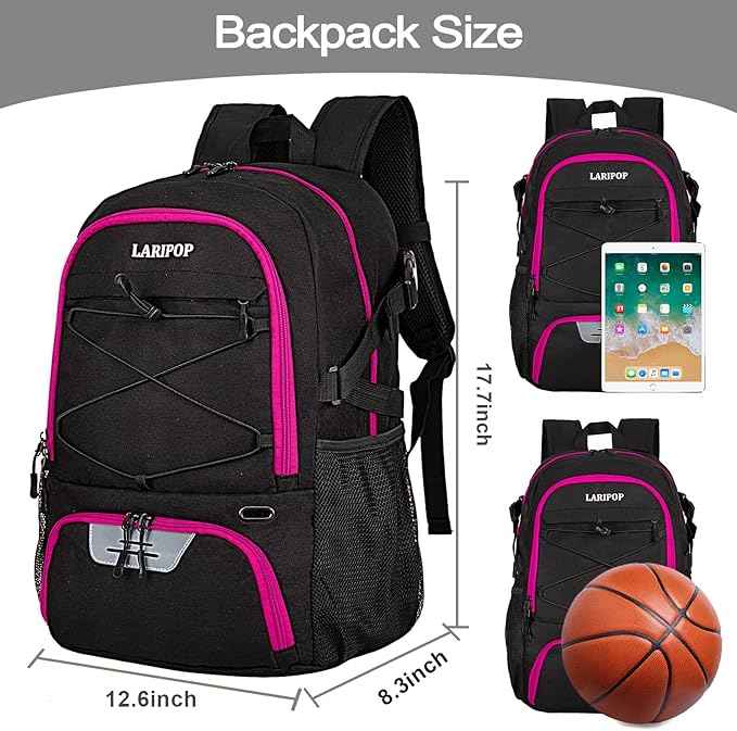 LARIPOP Basketball Bag, Sports Backpack with Ball Holder & Shoe Compartment, Water Resistant Gym Bag for Soccer Volleyball Travel