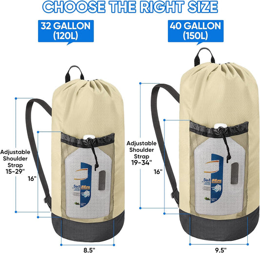BALEINE 150L Laundry Bag Backpack, 900D Oxford Fabric Large Travel Laundry Bags with Shoulder Straps and 2 Mesh Pockets for College Dorm, Apartment, Laundromat (Beige, 150L)