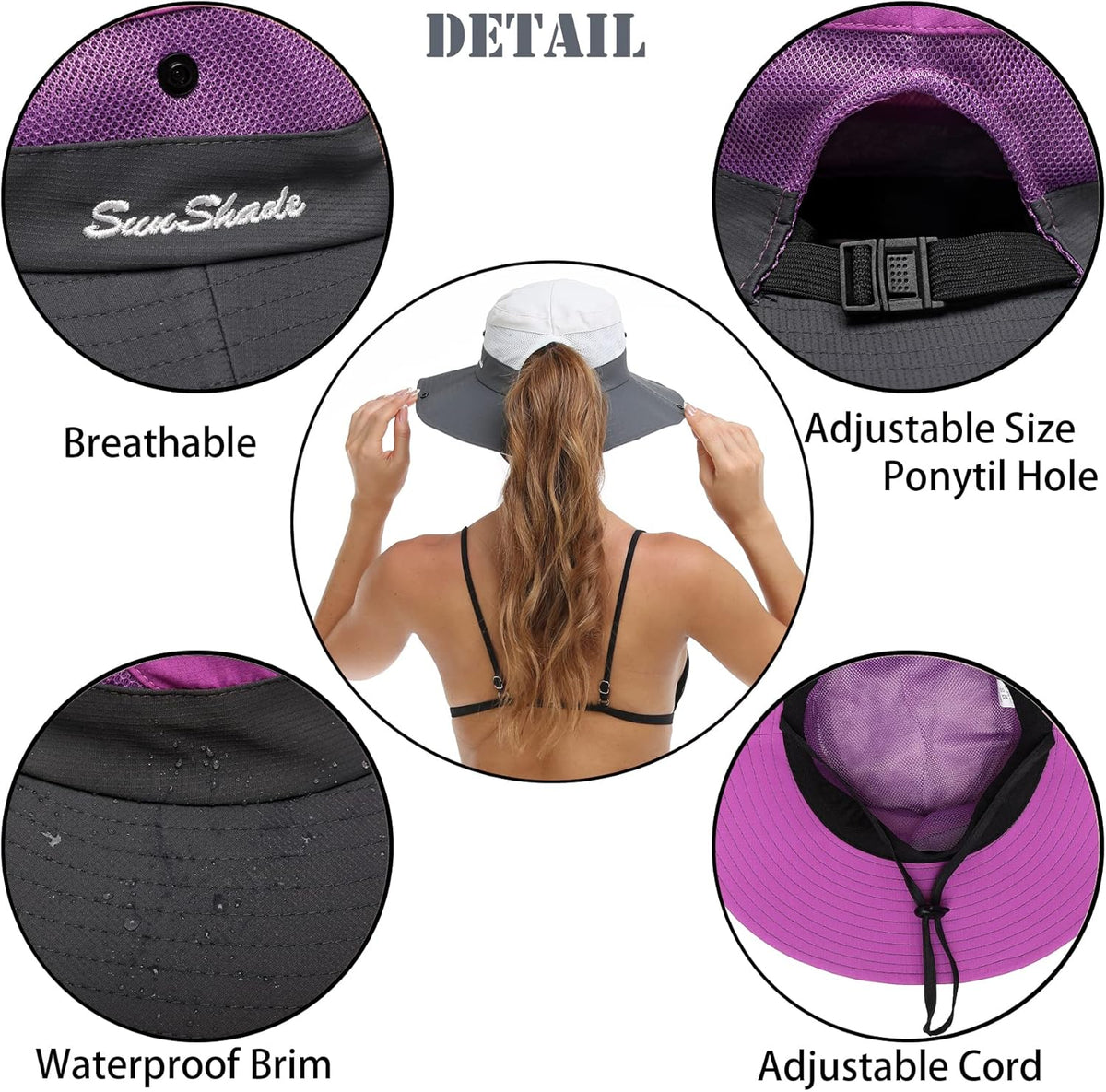 Womens Summer Sun Hat Beach Hat Wide Brim Outdoor UV Protection Hat Foldable Cool Mesh Ponytail Bucket Hat