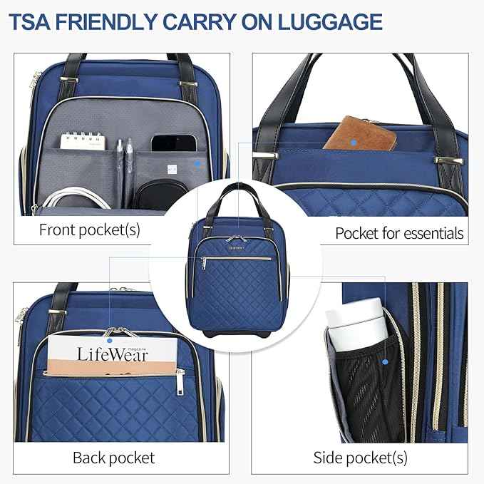 EMPSIGN Underseat Carry On Wheeled - 16" Carry on Bag with Wheels Multi-functional Lightweight Rolling Bag Overnight Weekender Small Suitcase for Women Men Travel Business, Haze Blue-Gold Zipper