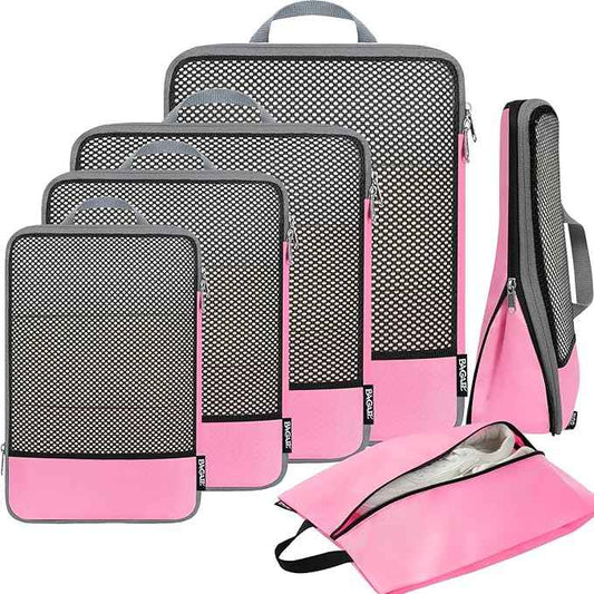 BAGAIL 4 Set/6 Set/8 Set Compression Packing Cubes Travel Accessories Expandable Packing Organizers (Half Mesh, 6-Pink)