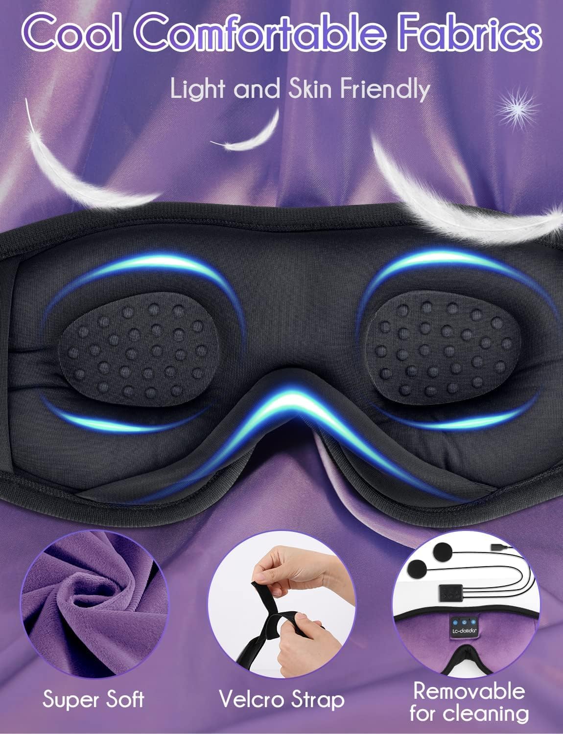 LC-dolida Sleep Headphones, Sleep Mask Bluetooth Wireless Music Eye Mask, Sleeping Headphones for Side Sleepers Sleep Mask with Bluetooth Headphones Ultra-Thin Stereo Speakers Perfect for Sleeping