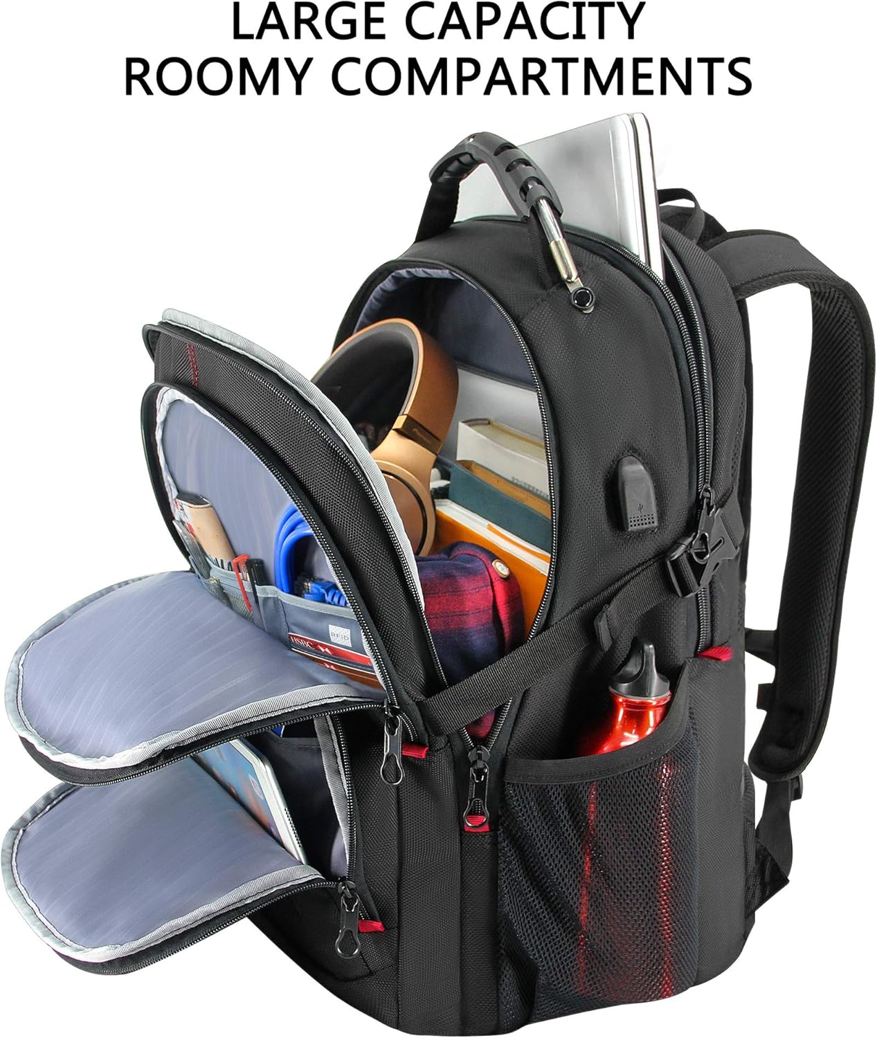 KROSER Travel Laptop Backpack 17.3 inch XL Computer Backpack Stylish College Backpack with RFID Pockets USB Charging Port REFLECTIVE STRIPS Water-Repellent Daypack for Business/Men - Roamly