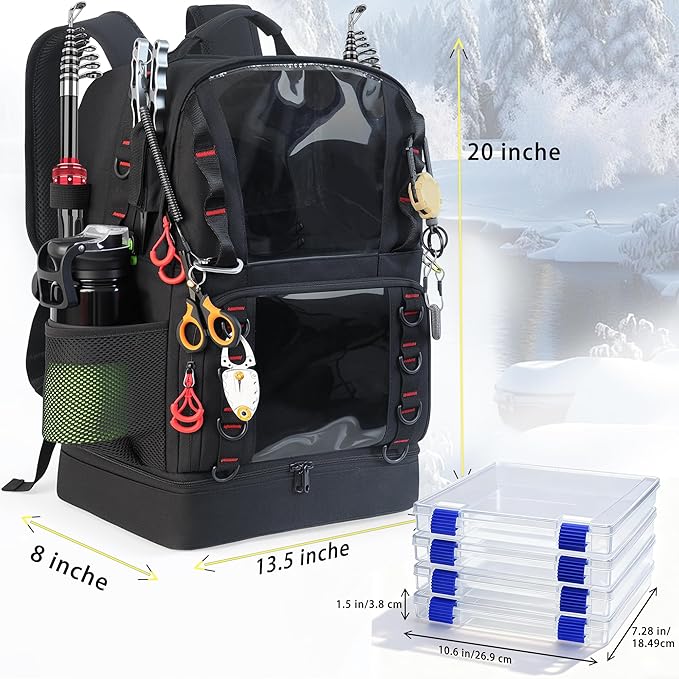 Fishing Tackle Backpack with 4 Tackle Boxes,45L Large Tackle Bag with 2 Rod Holders & Clear Window,Outdoor Fishing Backpack for Camping,Hiking,Black