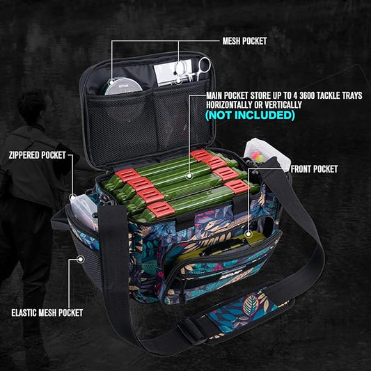 Goture Fishing Tackle Bag, 600D Water-Resistant Soft Side Crossbody Sling Bag for Men & Women,Small Gear Storage Tactical Bags for Saltwater & Freshwater,Fits 4 3600 Tackle Boxes (Not Included)