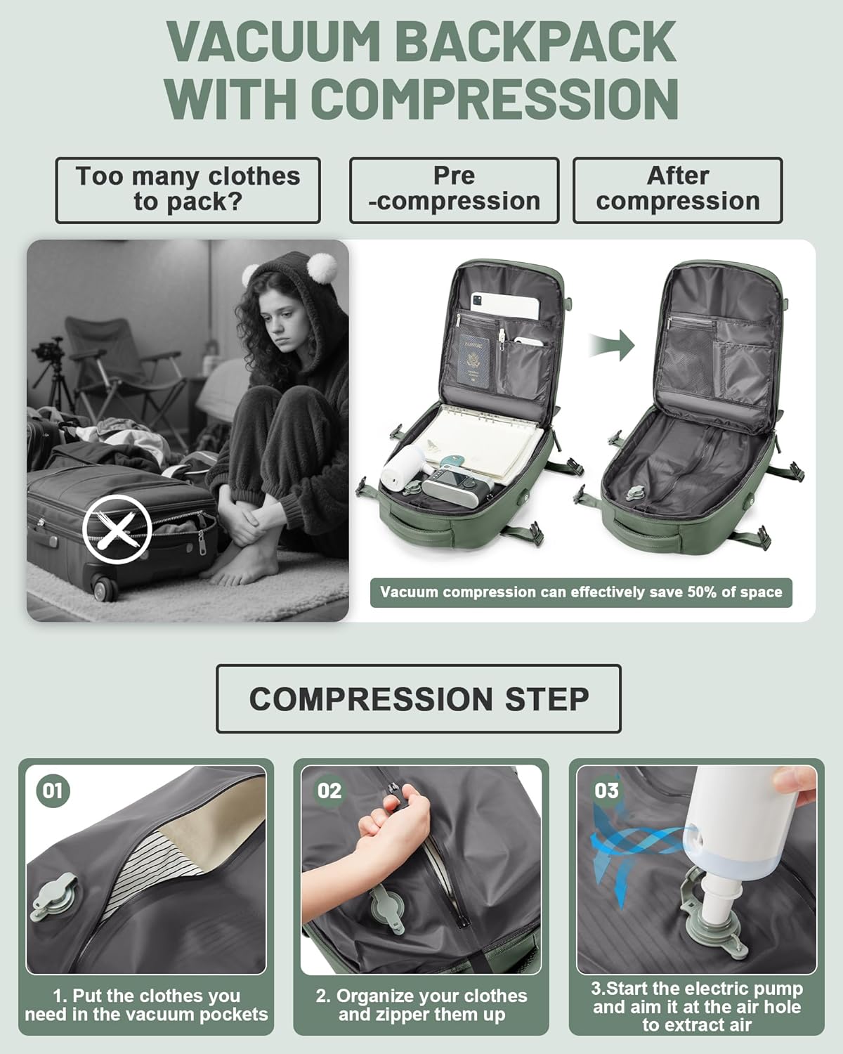 Vacuum Backpack Travel Laptop Backpacks For Women Men Carry On Backpack With Vacuum Compression Bags Seal Packing Personal Item Travel Bag Vacpack Backpacks With Pump Olive Green - Roamly
