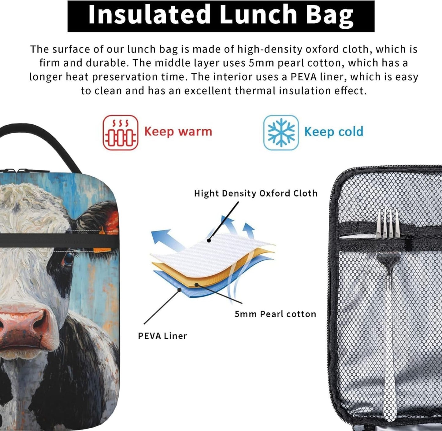 Cow Lunch Box for Kids Aldults, Realistic Animal Reusable Thermal Insulation Cooler Tote Bags, Black White Calf Pattern Insulated Bag for Student, School Picnic Camping Travel, Gifts