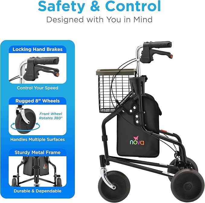 NOVA Traveler Folding 3-Wheel Walker with Tray, Basket, Pouch & Cup Holder, Lightweight Mobility Aid for Seniors & Adults, 8” All-Terrain Wheels for Tight Spaces & Travel, Black