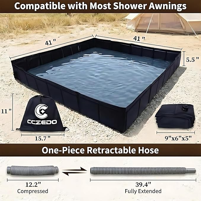 Upgraded Portable Shower Pan 41" x 41" x 5", Foldable Camping Shower Base with Waterproof Storage Bag, Dual Drain Holes, for RV Camping Outdoor Indoor & Portable Showers