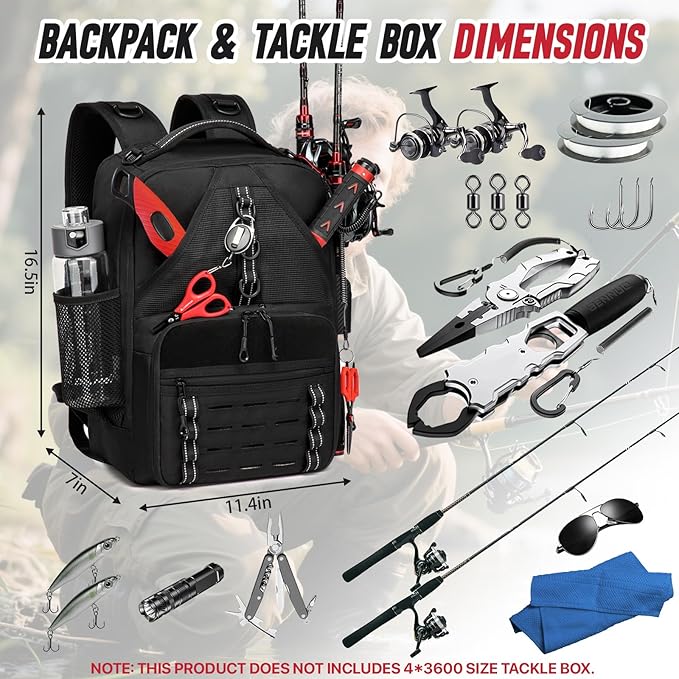 Fishing Tackle Backpack,Tackle Bags with 2 Rod Holders,Water-Resistant Tackle Bag Storage Bag for Fishing Gear(Black)