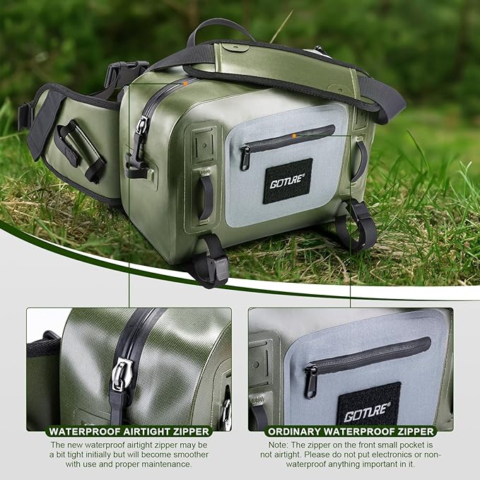 Goture Waterproof Fishing Waist Pack, IPX8 840D TPU Large Tackle Bag with Rod Holder, Airtight Zipper Closure, Fly Fishing Bag with Adjustable Waist Strap, Sling Fanny Pack with 30pcs Flies, Fly Box