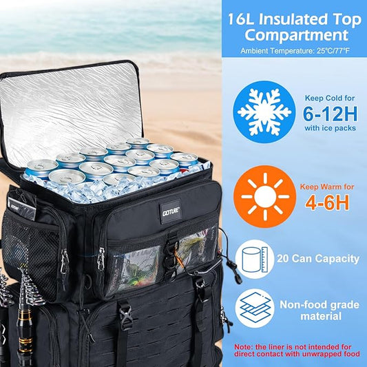 Goture Fishing Backpack with Cooler,72L Large 600D Tackle Backpack with Rod Holders,Dry & Wet Split Compartment,Adjustable Main Compartment,Rain Cover,Insulated Tactical Bag for Travel Camping Hiking
