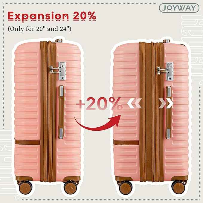 Joyway Expandable 24 Inch Luggage with Spinner Wheels, Lightweight Hard Shell Medium Checked Suitcase, 3 Piece Luggage Sets with TSA Lock, Pink Brown