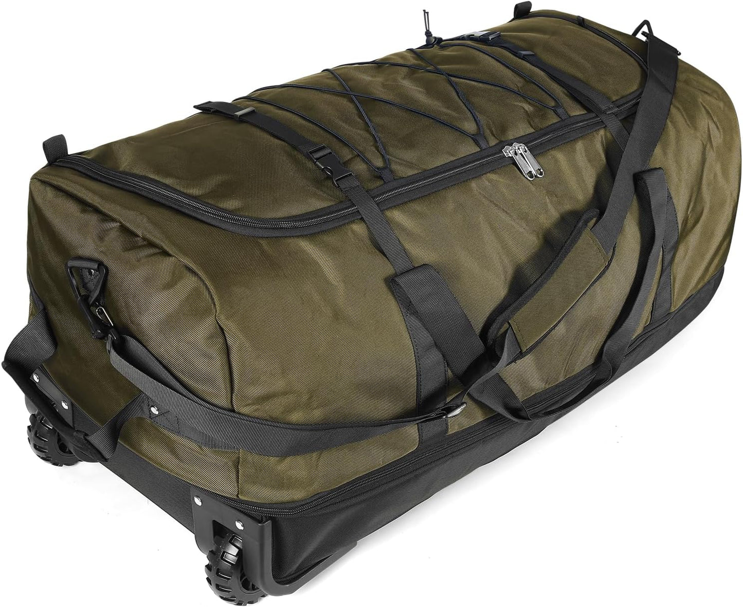 110L/140L Expandable Soft-Sided Foldable Duffle Bag with 2 Rubber Wheels,Packable 32” Rolling Carry-On with Multi-Pockets & Compartments,Army Green - Roamly