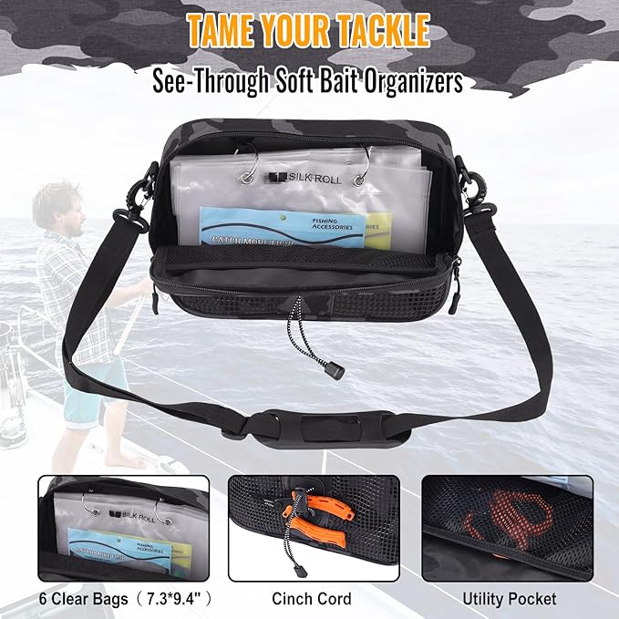 50L Fishing Tackle Backpack with Rod Holder and 4 Included 3600 Tackle Boxes - Waterproof Fishing Backpack for Ultimate Gear Organization and Storage (Gray Camo)