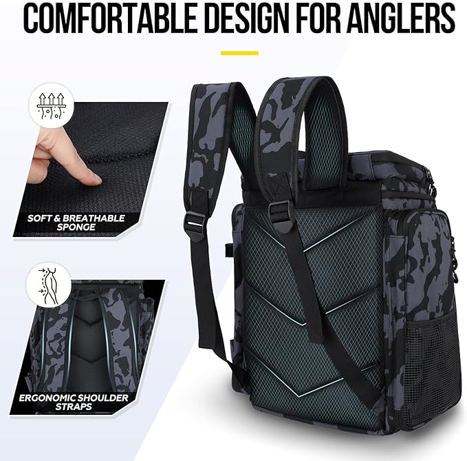 PLUSINNO Fishing Backpack with Rod Holders Tackle Box, 42L Large Water-resistant Fishing Tackle Bag Store Fishing Gear