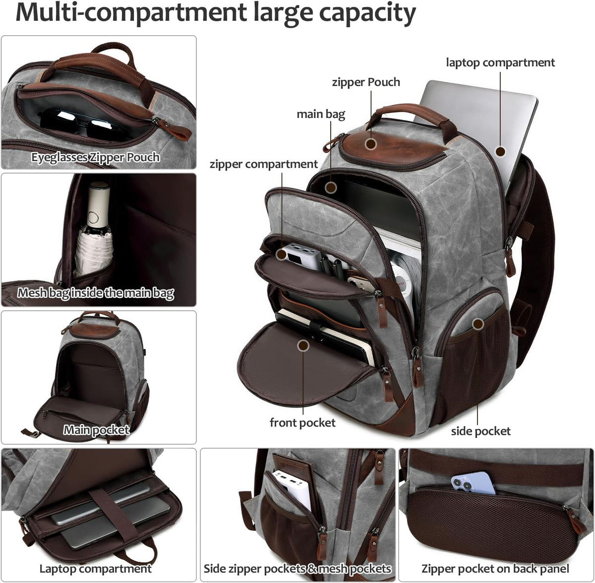 Travel Laptop Backpack 17.3 inch XL Computer Backpack for Men Waxed Canvas College Daypack Business Backpack Gray - Roamly