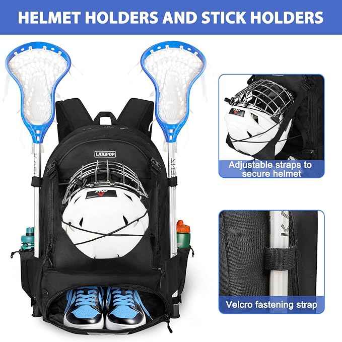 LARIPOP Lacrosse Bag Extra Large Backpack with Stick Holders & Helmet Compartment for Men Women Youth