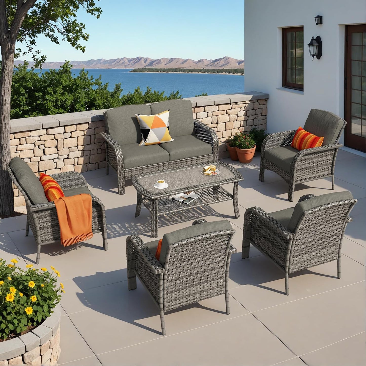 HOOOWOOO Patio Furniture Set,6 Pieces Outdoor Conversation Set,All Weather Wicker Loveseat Sofa Set with High Back Chairs Table,Black